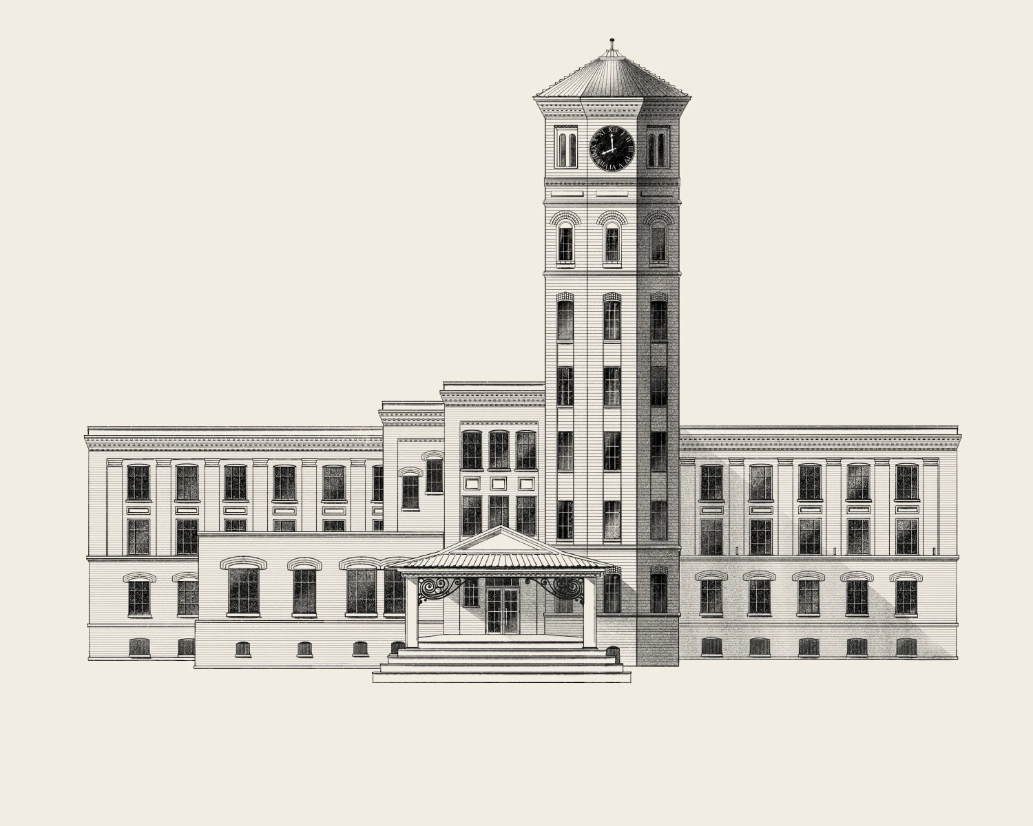 Drawing of the Wine Stream building and clock tower